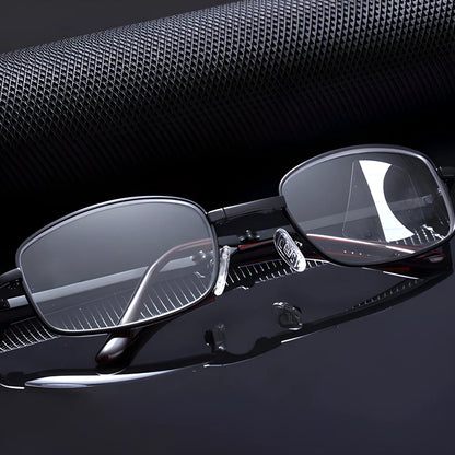 Folding anti-blue-light reading glasses with a premium leather case, showcasing a sleek and sophisticated design