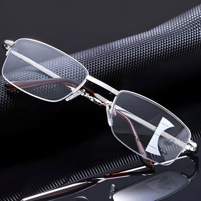 Folding anti-blue-light reading glasses with a premium leather case, showcasing a sleek and sophisticated design