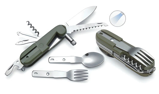 Folding multi-tool with various outdoor functions including knife, fork, spoon, LED light, and more, made of high-quality stainless steel