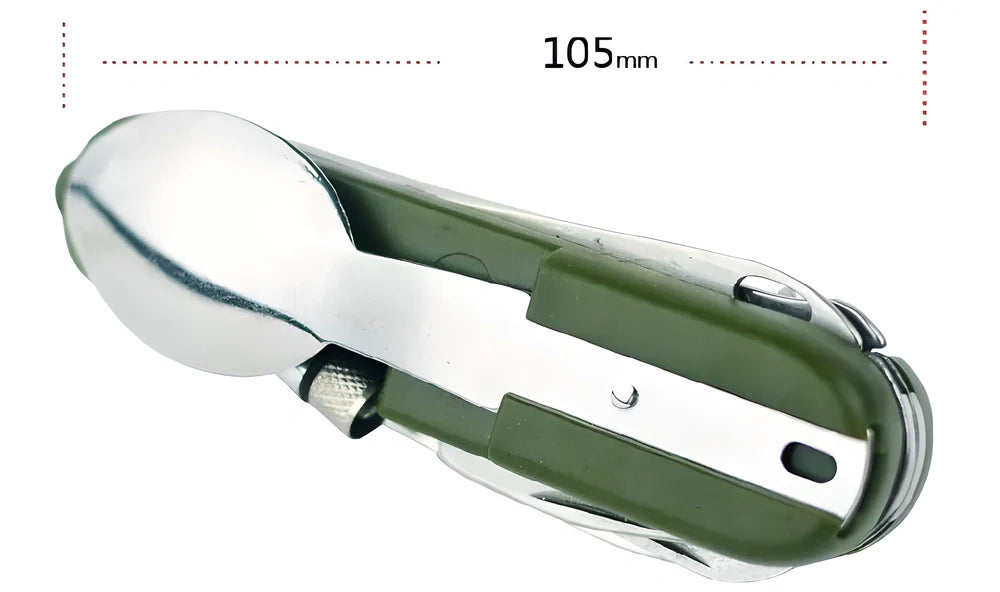 Folding multi-tool with various outdoor functions including knife, fork, spoon, LED light, and more, made of high-quality stainless steel