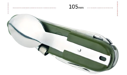 Folding multi-tool with various outdoor functions including knife, fork, spoon, LED light, and more, made of high-quality stainless steel