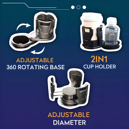 Versatile Car Cup Holder and Organiser with 360-degree rotating base, adjustable cup mouth, and premium ABS construction
