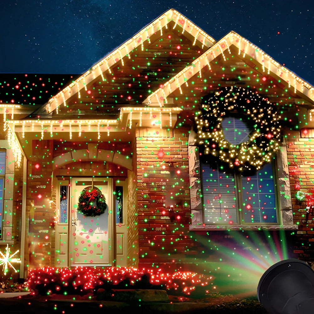 Festive Sky Star Laser Projector creating a dazzling display of cascading stars in a garden