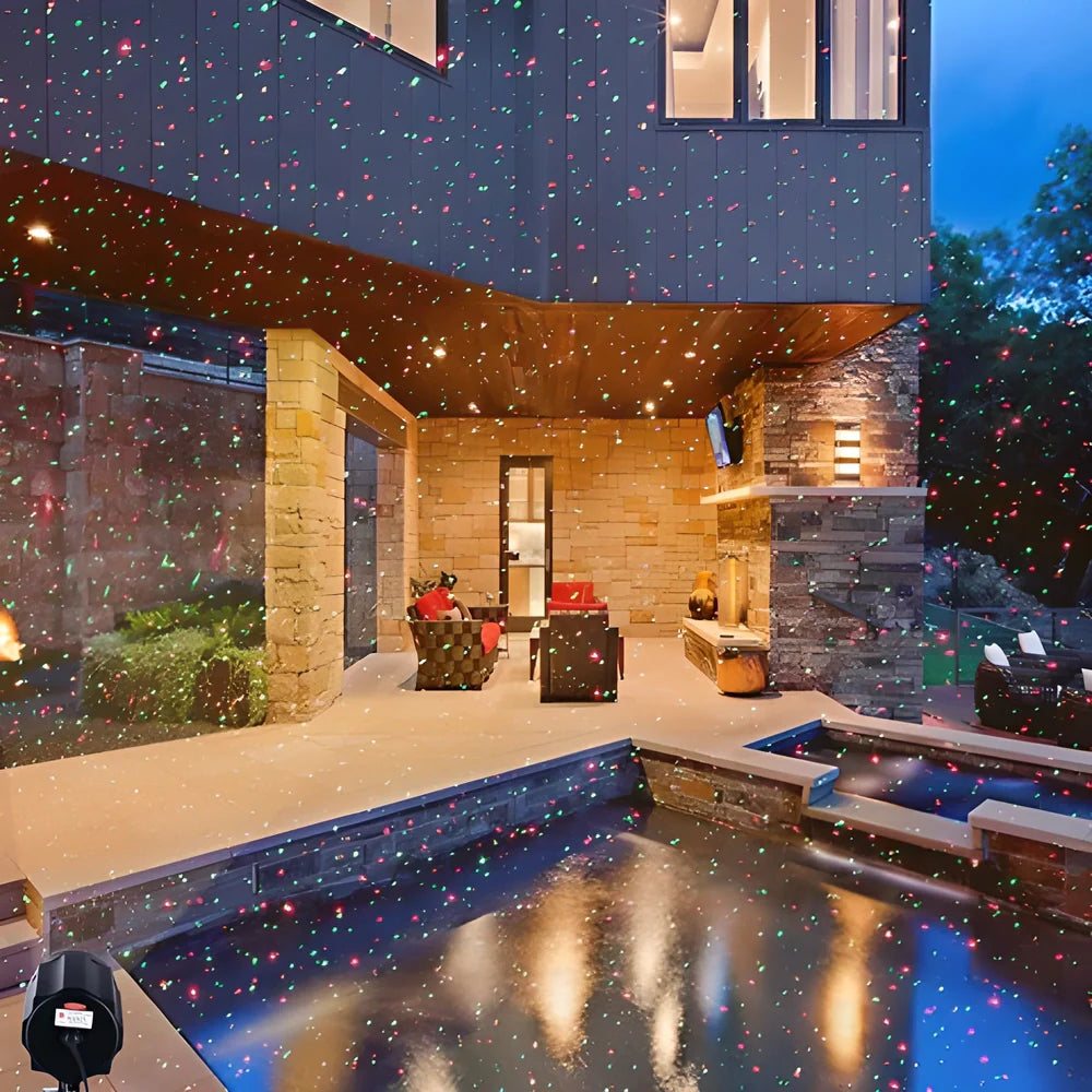 Festive Sky Star Laser Projector creating a dazzling display of cascading stars in a garden