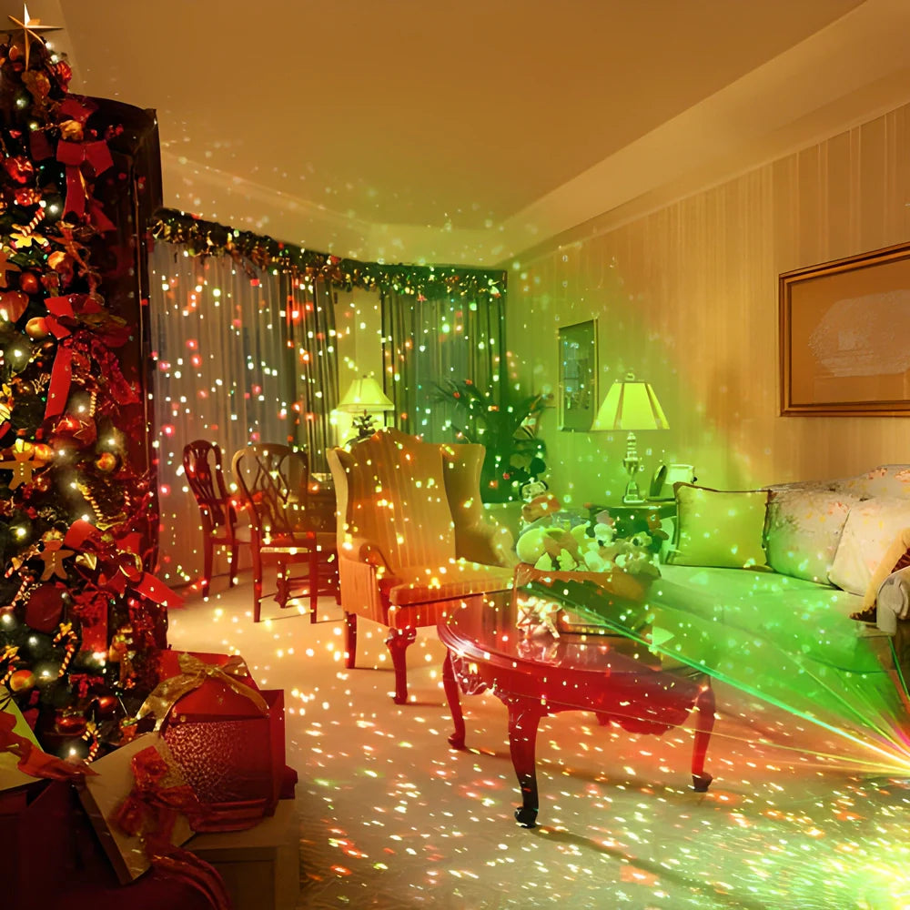 Festive Sky Star Laser Projector creating a dazzling display of cascading stars in a garden