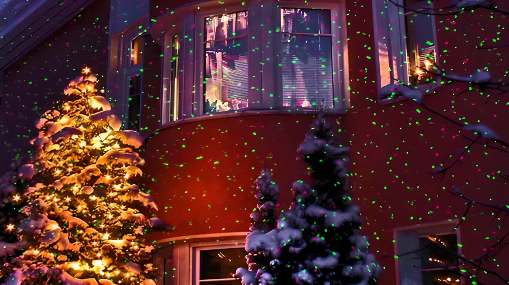 Festive Sky Star Laser Projector creating a dazzling display of cascading stars in a garden