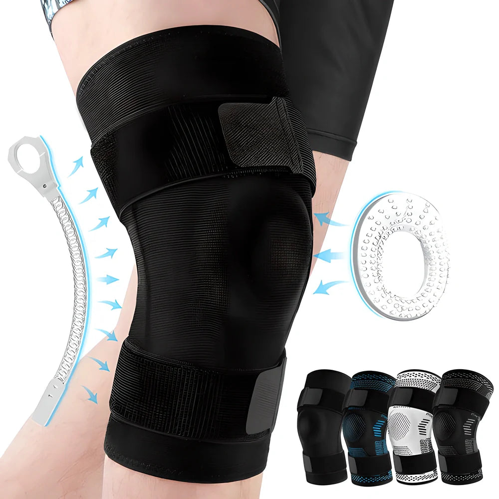 A premium sports knee brace with adjustable Velcro straps, stabilising side strips, and breathable neoprene material for enhanced support and comfort.