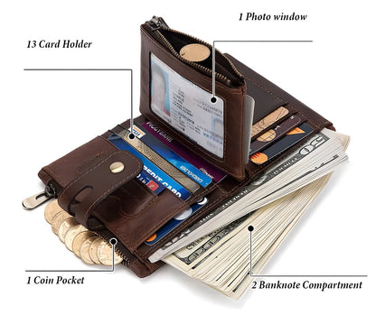 Genuine leather vintage RFID blocking wallet for men with card slots, coin pouch, and chain