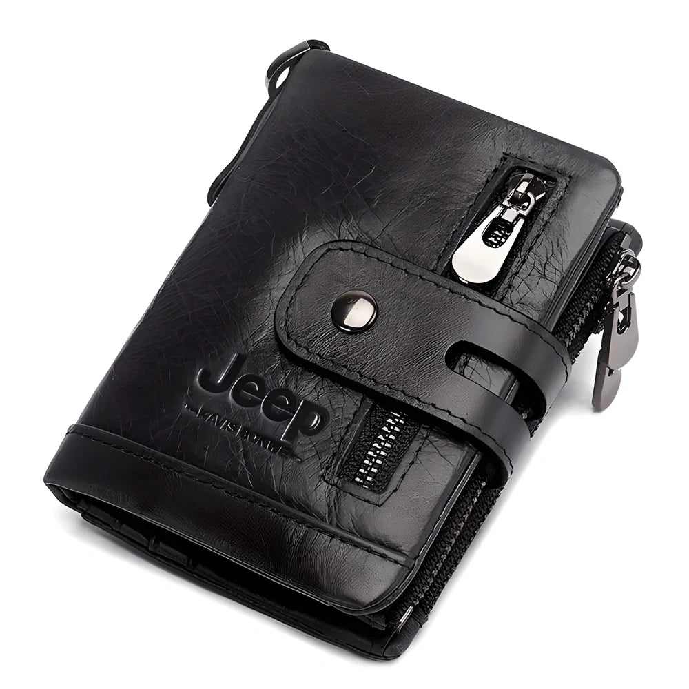 Genuine leather vintage RFID blocking wallet for men with card slots, coin pouch, and chain