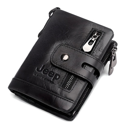Genuine leather vintage RFID blocking wallet for men with card slots, coin pouch, and chain