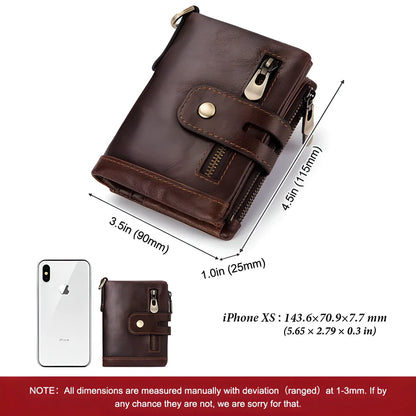 Genuine leather vintage RFID blocking wallet for men with card slots, coin pouch, and chain