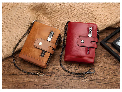 Genuine leather vintage RFID blocking wallet for men with card slots, coin pouch, and chain