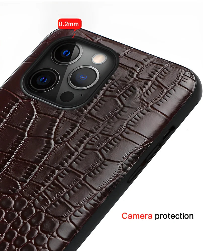 Genuine leather iPhone case in black, featuring advanced shock-absorbing protection and an elegant, sophisticated design.