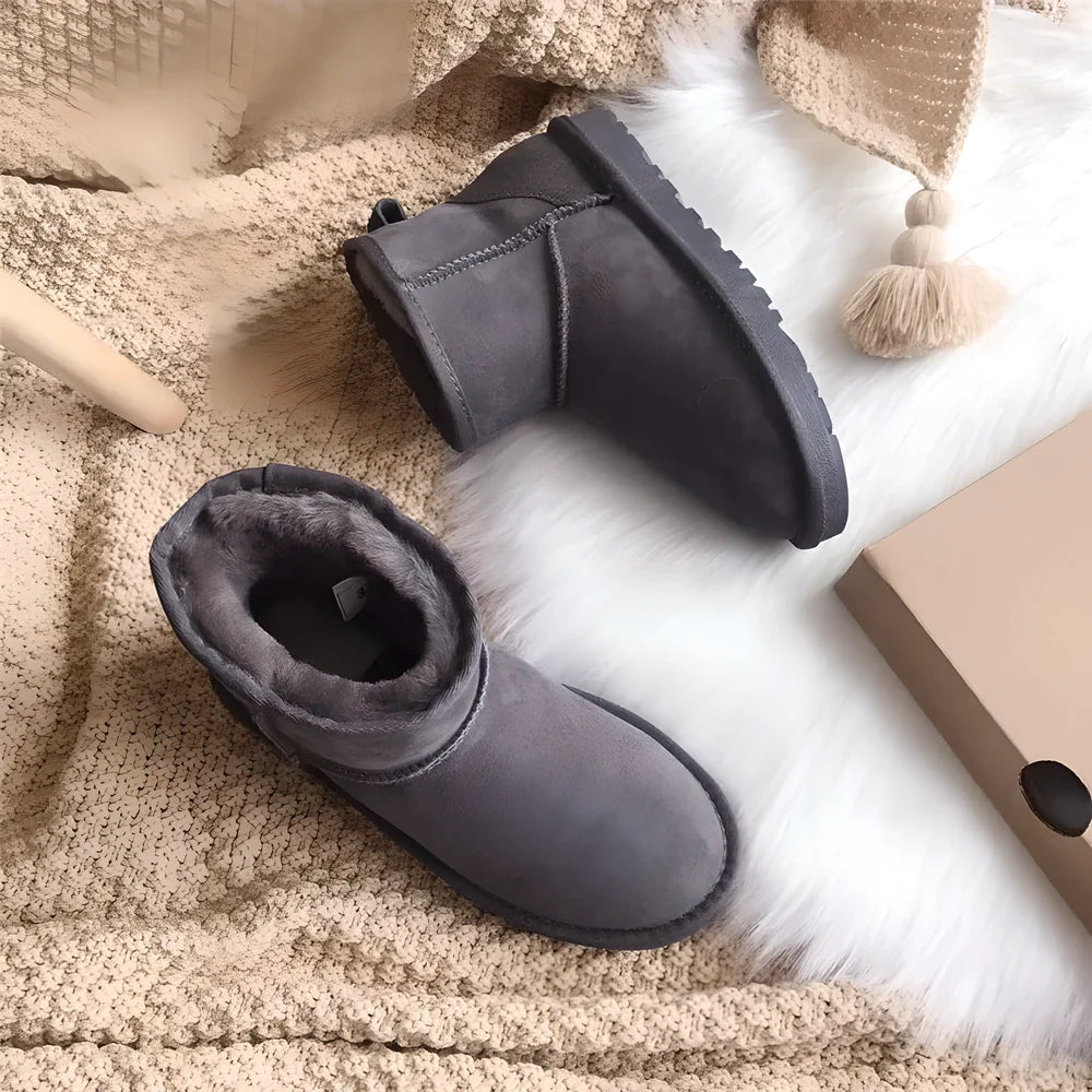 Premium genuine leather snow boots for women in various colours, including chestnut, rose red, and black