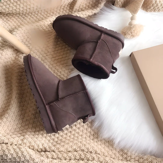 Premium genuine leather snow boots for women in various colours, including chestnut, rose red, and black