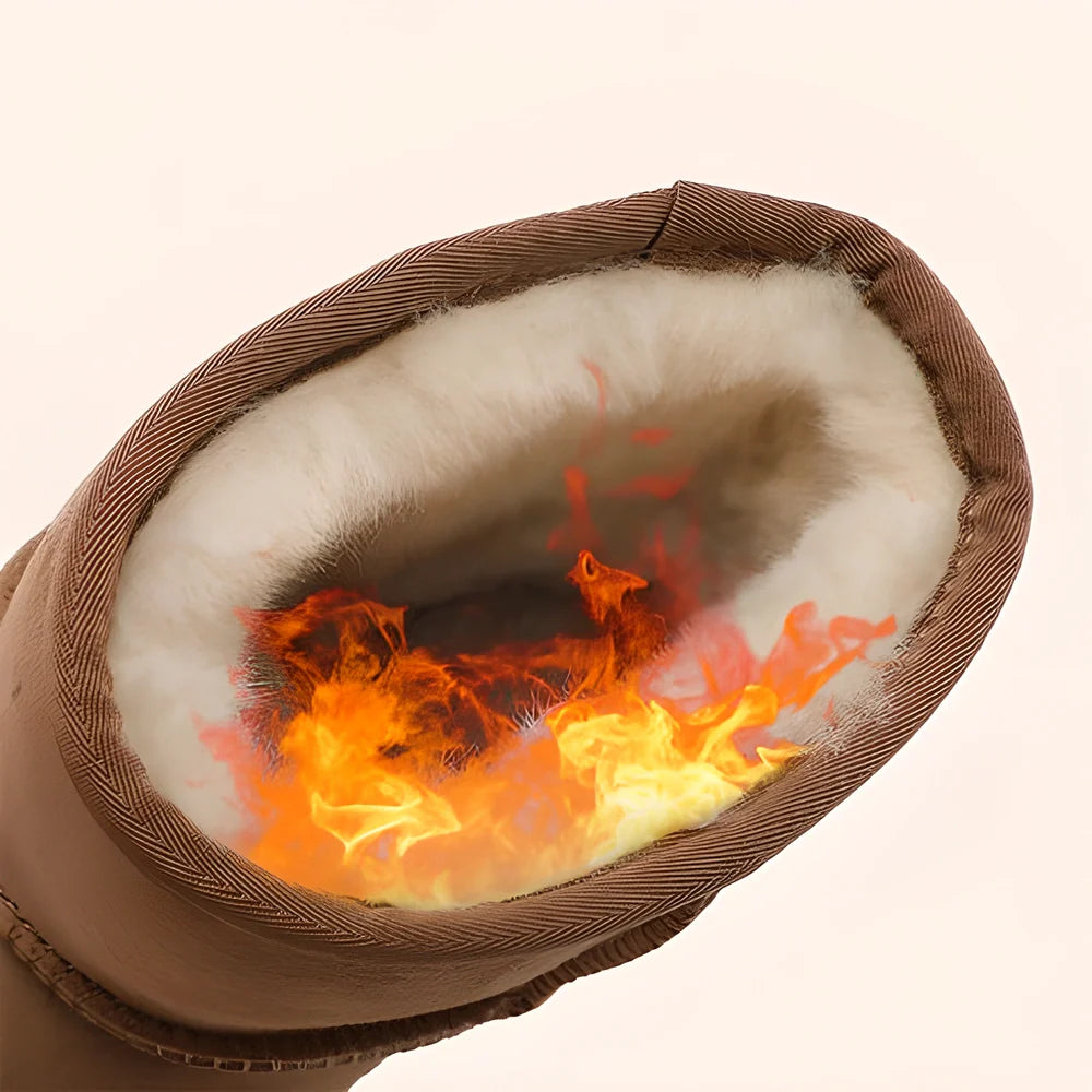 Premium genuine leather snow boots for women in various colours, including chestnut, rose red, and black