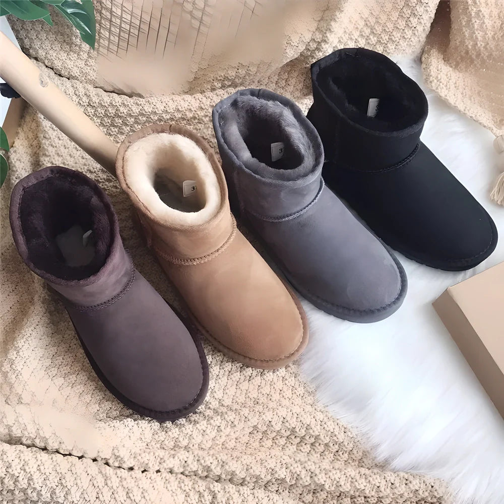 Premium genuine leather snow boots for women in various colours, including chestnut, rose red, and black