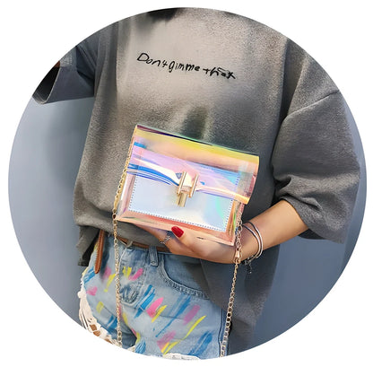 GEONYIEEK™ Transparent Holographic Handbag in modern colours - Silver, Pink, and Blue - with a spacious interior and adjustable shoulder strap