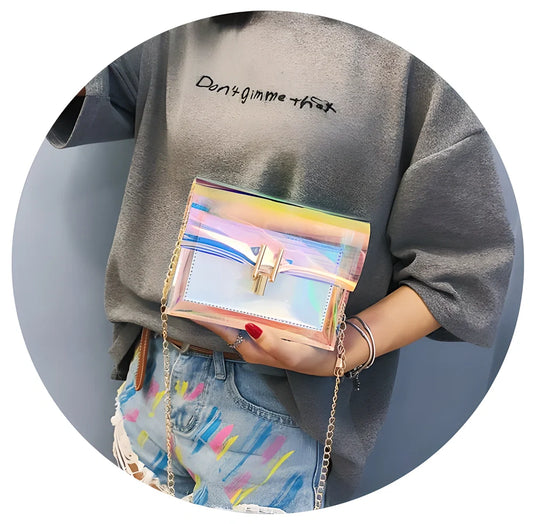 GEONYIEEK™ Transparent Holographic Handbag in modern colours - Silver, Pink, and Blue - with a spacious interior and adjustable shoulder strap