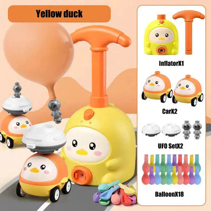 Balloon-powered launcher and car set for children, featuring a pink pig design and components for educational science play
