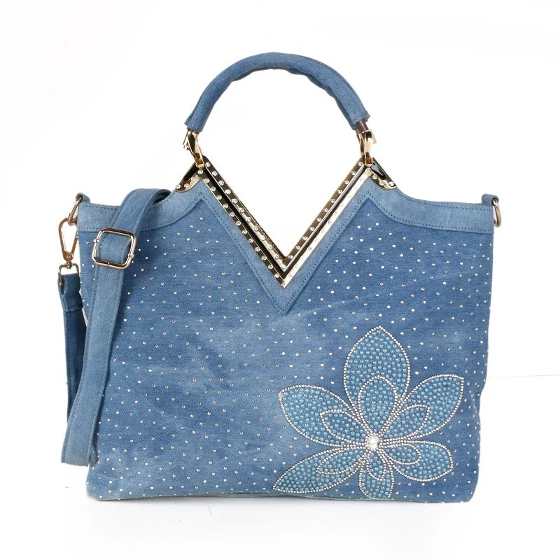 Light blue denim crossbody bag with sparkling diamond-inspired detailing from Trendha