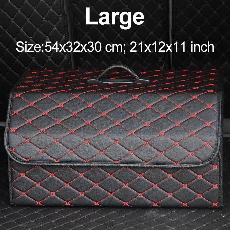 Premium collapsible leather car boot organiser in black, burgundy red, and black red colours