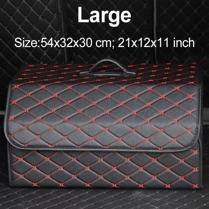 Premium collapsible leather car boot organiser in black, burgundy red, and black red colours