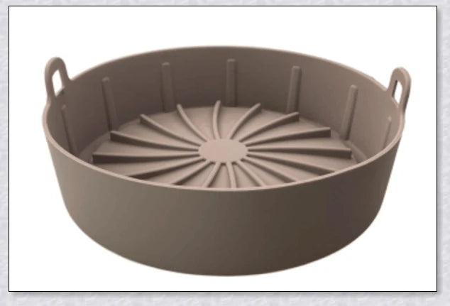 Premium silicone air fryer basket with flexible, non-stick design for easy cleaning and even heat distribution
