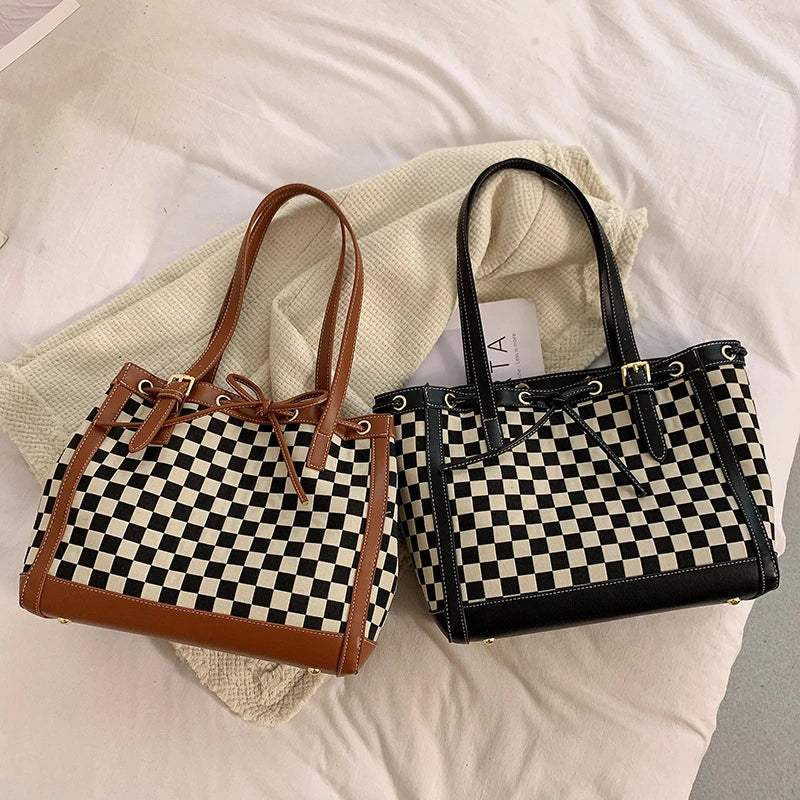 Stylish contrast colour tote bag with chic checkerboard design, made from premium PU leather for durability and versatility