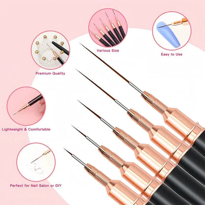 Professional Stripe Nail Art Brushes in various sizes for intricate nail art designs