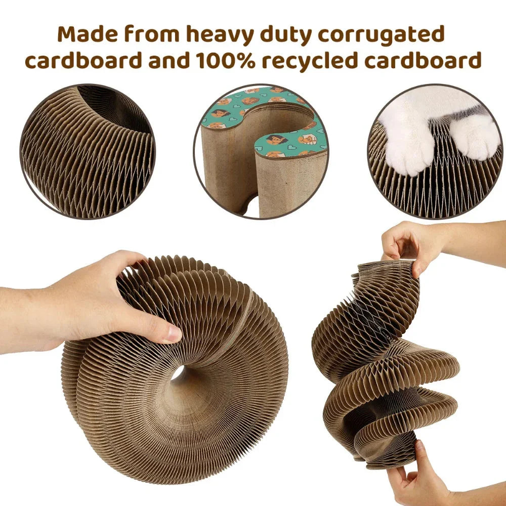 Foldable cat scratcher with toy ball, made of durable corrugated cardboard in versatile bone and crib shapes for active play and relaxation