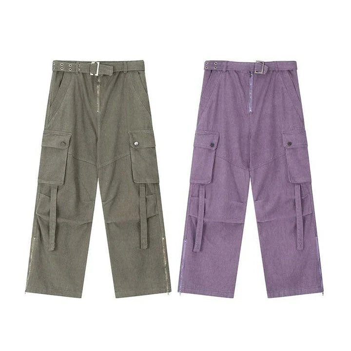 Premium purple streetwear cargo jeans with multiple pockets, wide-leg silhouette, and zippered placket for adjustable fit