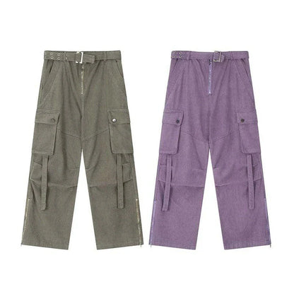 Premium purple streetwear cargo jeans with multiple pockets, wide-leg silhouette, and zippered placket for adjustable fit