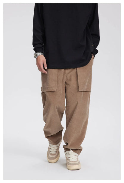 Retro corduroy straight-leg casual trousers for men in khaki and navy blue colours