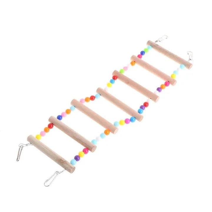 Sturdy wooden rainbow ladder with two hanging hooks, designed as a colourful climbing toy for pet birds
