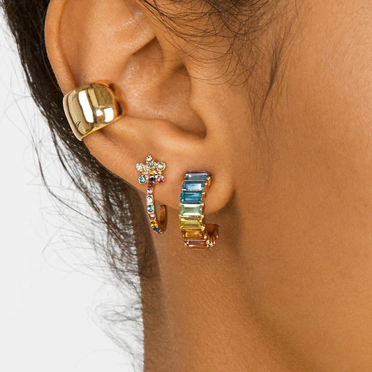 Multicolour glass diamond C-shaped earrings with alloy-inlaid artificial gems and semi-precious stones
