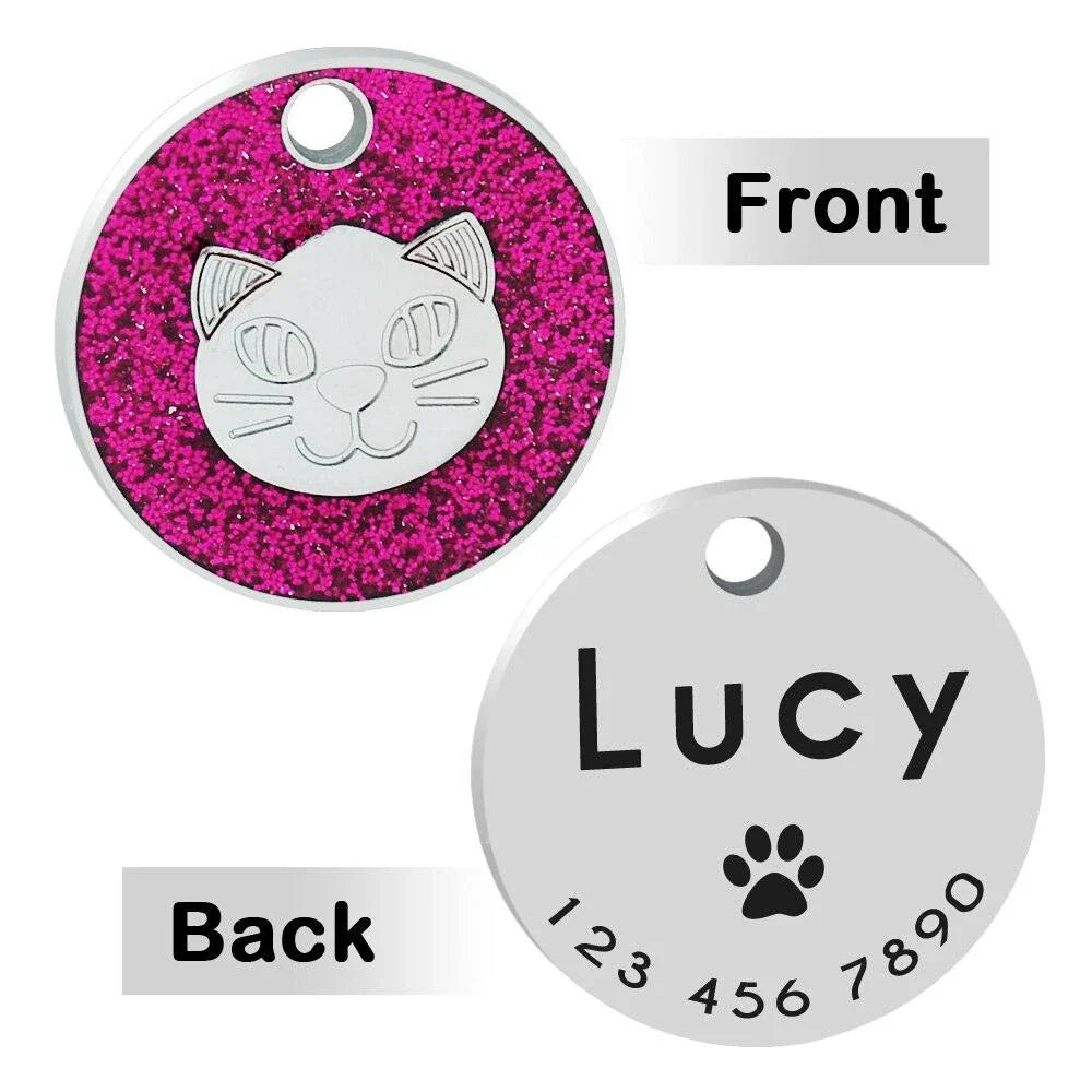 Premium stainless steel ID tag with engraved glitter design and customisable text