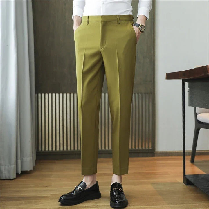 Premium men's suit trousers in a variety of colours, featuring a subtle textured drape and exceptional stretch for all-day comfort and style.