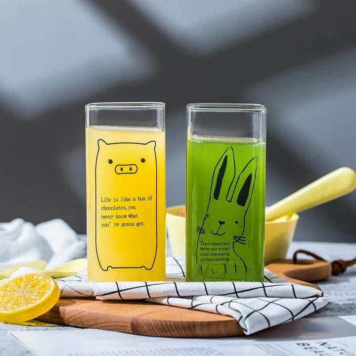 Charming animal-themed glassware with adorable pig, cat, and dog designs, made from durable, eco-friendly glass