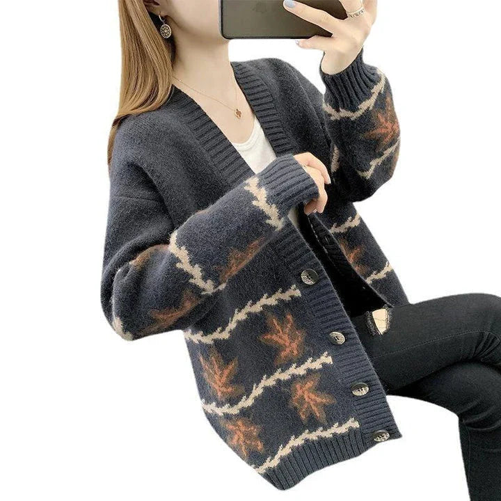 Women's Maple Leaf Knitted Cardigan in Light Coffee Colour with Loose, Relaxed Fit and Long Sleeves