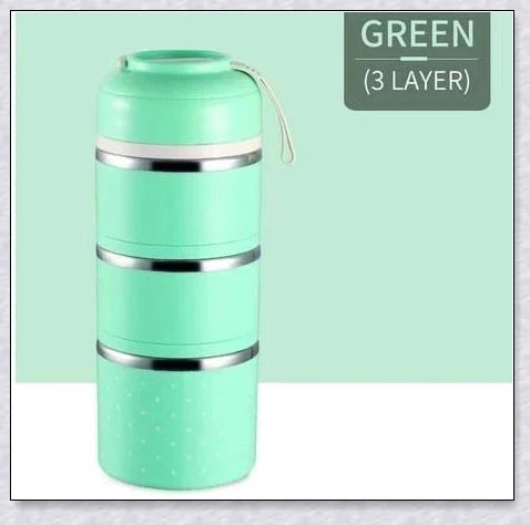 Insulated Hot Food Thermos Lunchbox Tower with multi-layer design and choice of green, pink, blue, or gray colour