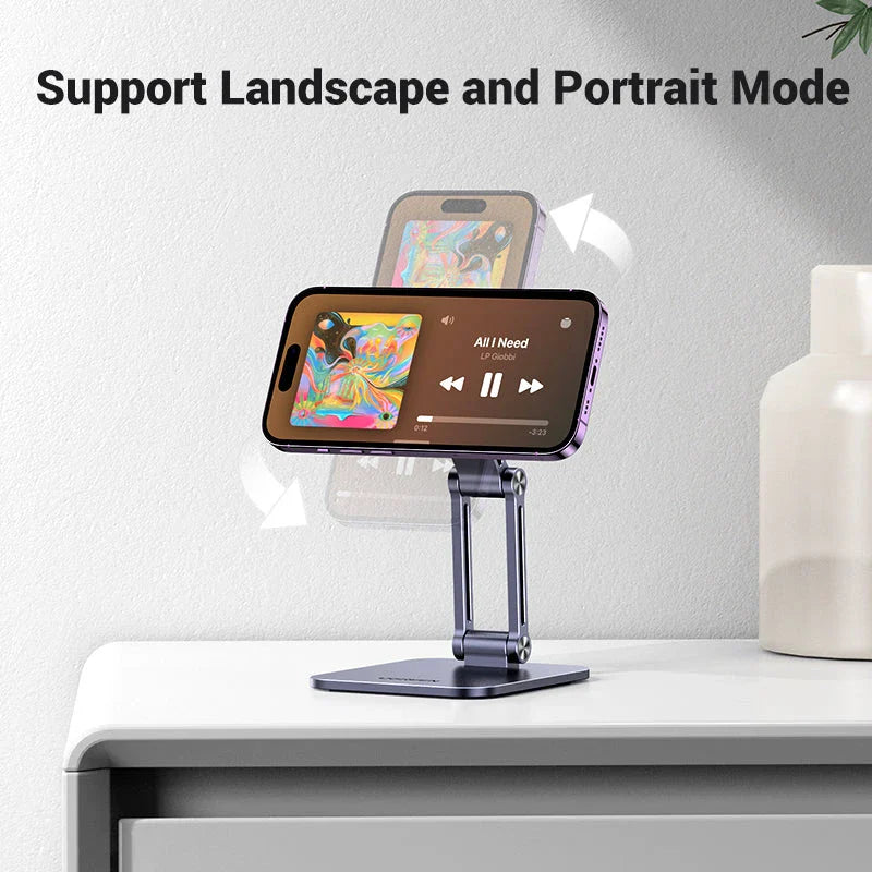 Magnetic phone holder with adjustable stand and 360-degree rotation for hands-free convenience