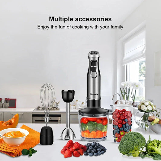 A powerful 1200W 4-in-1 immersion hand blender with attachments for chopping, blending, and whipping