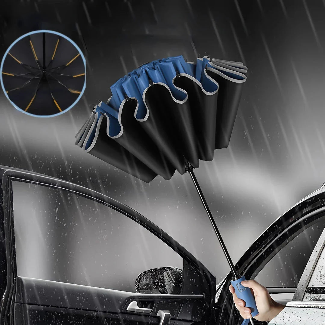 Premium auto-open reverse folding umbrella with reflective safety strip for all-weather protection