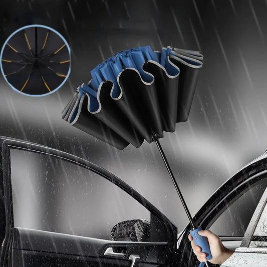 Premium auto-open reverse folding umbrella with reflective safety strip for all-weather protection