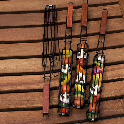 Portable nonstick BBQ grilling basket made of durable steel wire and wood, perfect for outdoor cooking and grilling