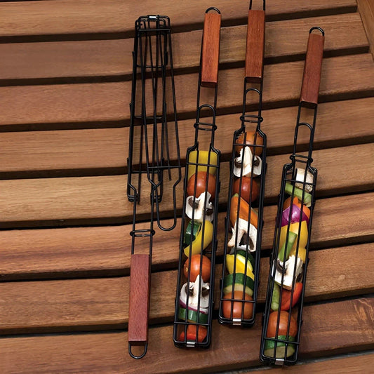 Portable nonstick BBQ grilling basket made of durable steel wire and wood, perfect for outdoor cooking and grilling