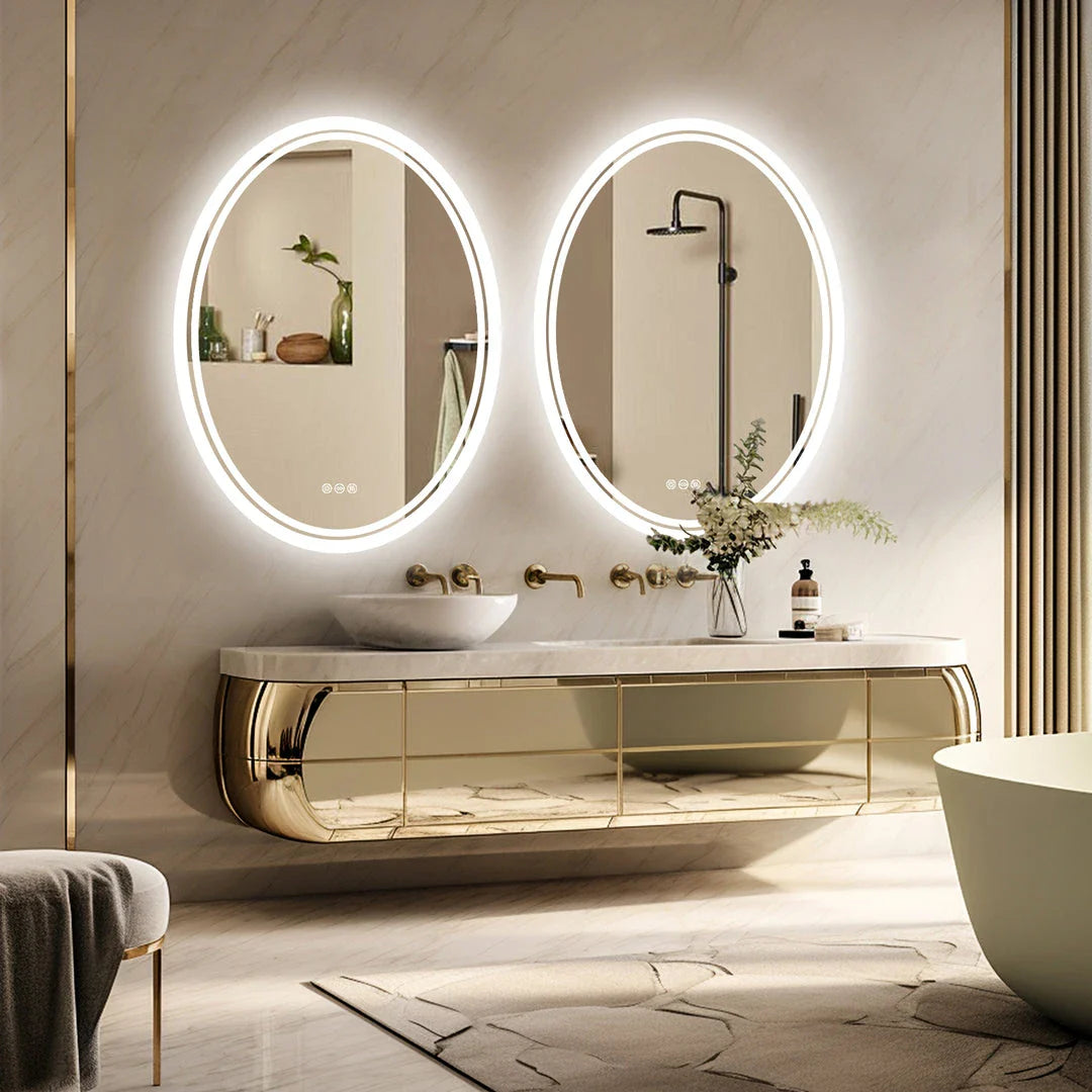 Elegant LED backlit round vanity mirror with adjustable warm, natural white, and bright white lighting settings
