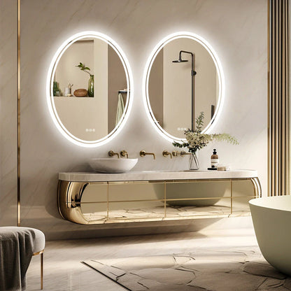 Elegant LED backlit round vanity mirror with adjustable warm, natural white, and bright white lighting settings
