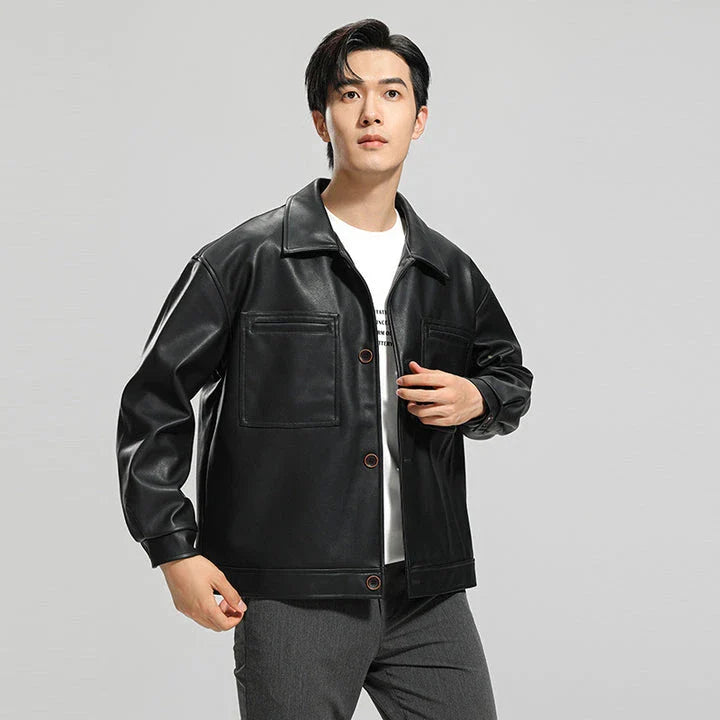 Handsome men's leather motorcycle jacket with lapel collar, dimensional pockets, and durable PU leather construction